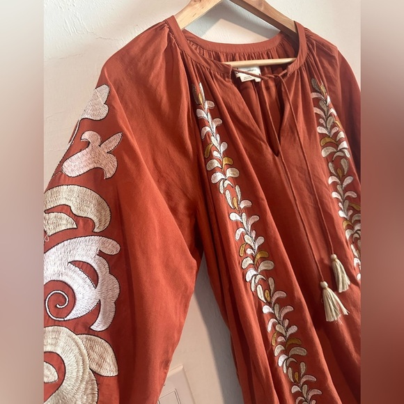 Anthropologie Boho Embroidered Rust Midi Dress | Puff Sleeve Ethnic Folk Style M - Picture 6 of 9
